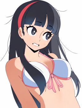  1girl absurdres amagi_yukiko bare_shoulders bikini black_eyes black_hair blunt_bangs breasts breasts_apart bright_pupils clenched_teeth commentary english_commentary front-tie_bikini_top front-tie_top gjh hairband highres long_hair looking_to_the_side medium_breasts persona persona_4 red_hairband sidelocks simple_background solo stomach swimsuit teeth upper_body white_background white_bikini white_pupils 