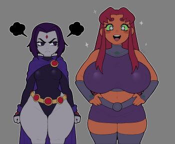 2girls absurdres black_leotard breast_envy breasts cape champchidi colored_sclera colored_skin crop_top curvy dc_comics forehead_jewel green_eyes green_sclera grey_background grey_skin highleg highleg_leotard highres huge_breasts leotard long_hair looking_at_viewer medium_breasts midriff multiple_girls navel open_mouth orange_skin purple_cape purple_hair purple_skirt raven_(dc) red_hair short_hair simple_background skirt sparkle star-shaped_pupils star_(symbol) starfire symbol-shaped_pupils teen_titans teeth thick_thighs thighs upper_teeth_only wide_hips