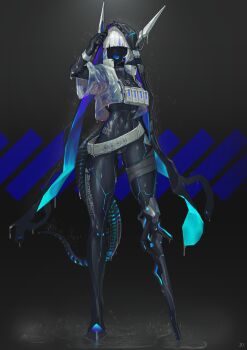  1girl absurdres belt black_bodysuit black_hood black_skin blue_hair bodysuit breasts collarbone colored_skin commentary_request covered_navel cropped_jacket echanis_enicha hair_over_eyes highres jacket monster_girl multicolored_hair open_mouth original puddle see-through_clothes see-through_jacket short_hair solo streaked_hair tail wet wet_clothes white_belt white_hair 