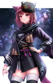  1girl absurdres animal_ears black_dress black_jacket black_nails black_sash black_scarf black_thighhighs braid breasts brown_hair cat_ears cat_girl cat_mask cat_tail closed_mouth commentary_request commission cowboy_shot dress eyelashes final_fantasy final_fantasy_xiv grey_skirt hand_on_own_hip highres jacket long_sleeves looking_at_viewer mask mask_on_head medium_breasts medium_hair miniskirt open_clothes open_jacket original red_eyes sash scarf short_dress skeb_commission skindentation skirt skirt_under_dress smile solo tail tassets thighhighs wajuniorbox warrior_of_light_(ff14) zettai_ryouiki 