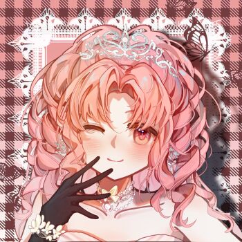  1girl absurdres artist_request bare_shoulders bead_choker beads black_gloves blush bow bow_choker bowtie bracelet brown_eyes bug butterfly chinese_commentary choker closed_mouth collarbone commentary_request dress drill_hair flower flower_bracelet gloves hand_on_own_chin highres insect jewelry long_hair looking_at_viewer nikki_(nikki) nikki_(series) one_eye_closed parted_bangs picture_frame pink_background pink_hair plaid_background ponytail second-party_source shadow shining_nikki silky_sweet_dream_(shining_nikki) smile solo strapless strapless_dress tiara upper_body white_dress white_flower yellow_bow yellow_bowtie 