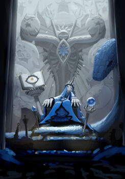  1girl 95hoody :< absurdres animal_ears blue_hair cat_(nyanko_daisensou) cat_ears cat_girl commentary_request crown highres korean_commentary long_hair long_sleeves looking_at_viewer nyanko_daisensou planted_staff sitting_on_throne snake solo yellow_eyes 