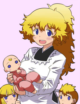  1girl alternate_hairstyle apron baby blonde_hair blue_hair blush breasts child curvy dress housewife large_breasts long_hair matsuda_yuusuke mature_female mother_and_child open_mouth original ponytail sexy_yuusha smile yuusha_to_maou 