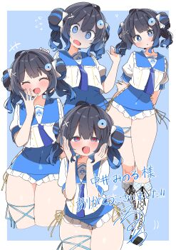  +++ 1girl :d :o ? @_@ absurdres arms_behind_back black_hair blue_background blue_necktie blue_one-piece_swimsuit blue_sailor_collar blue_streaks blue_theme blush boots border bow closed_eyes colored_shoe_soles commentary commission cowboy_shot cropped_legs double_bun flying_sweatdrops fold-over_boots frilled_one-piece_swimsuit frills full_body hair_bow hair_bun hair_ornament hand_on_own_arm hand_to_own_mouth hands_on_own_cheeks hands_on_own_face hands_up highres indie_virtual_youtuber knee_boots laughing looking_at_viewer medium_hair multicolored_hair multiple_views nakai_minoru necktie no_nose one-piece_swimsuit open_mouth outside_border parted_lips puffy_short_sleeves puffy_sleeves ribbon sailor_collar shirt short_sleeves signature simple_background skeb_commission smile standing streaked_hair swimsuit thank_you thighs turn_pale twintails uruti_2388 virtual_youtuber white_boots white_border white_bow white_shirt yellow_ribbon 