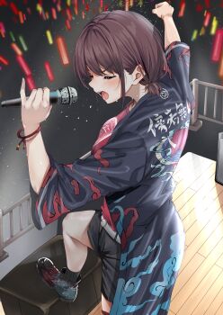  1girl absurdres aoki_hiro black_kimono black_shorts black_socks brown_hair clenched_hand closed_eyes commentary_request concert facing_to_the_side foot_out_of_frame from_behind girls_band_cry highres holding holding_microphone iseri_nina japanese_clothes kimono leg_up microphone open_clothes open_kimono open_mouth outstretched_arms print_kimono red_shirt shirt shoes short_hair shorts socks solo spread_arms stage standing sweat three-quarter_sleeves turning_head v-shaped_eyebrows 