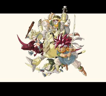  1990s_(style) 2023 3boys 3girls animated arm_cannon armor arms_up ayla_(chrono_trigger) baggy_pants bare_legs bare_shoulders belt blonde_hair blue_eyes blue_gloves blue_skirt blue_tunic blunt_bangs boots border bow_(weapon) breastplate brown_boots brown_sandals cape cavewoman chrono_(series) chrono_trigger closed_mouth club_(weapon) commentary crono_(chrono_trigger) crossbow curly_hair dinosaur english_commentary floating_hair frog_(chrono_trigger) frog_boy fur_boots fur_wrist_cuffs glasses gloves gold green_cape green_shirt green_socks happy headband helmet holding holding_club holding_crossbow holding_shield holding_sword holding_weapon katana looking_at_another lucca_ashtear marle_(chrono_trigger) multiple_boys multiple_girls muscular muscular_male open_mouth orange_scarf orange_tunic outside_border pants parker_simmons ponytail purple_hair red_hair retro_artstyle riding robo_(chrono_trigger) robot running sandals scarf scrunchie serious sheath shield shirt short_hair short_sleeves simple_background skirt smile socks spiked_hair strapless sword third-party_edit tongue toriyama_akira tube_top tunic v-shaped_eyebrows video weapon whiskers white_background white_headband white_pants white_scrunchie white_socks wrist_cuffs yellow_eyes 