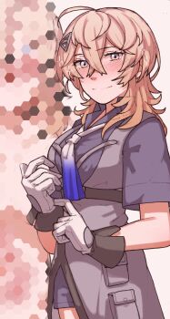  1girl ahoge blonde_hair blue_eyes blue_shirt cowboy_shot crossed_bangs gloves gradient_neckerchief grey_skirt hair_between_eyes hair_ornament hairclip highres honeycomb_(pattern) honeycomb_background kantai_collection medium_hair military_uniform neckerchief sadakuma shirt skirt smile solo tuscaloosa_(kancolle) white_gloves 