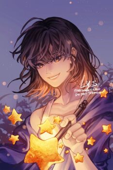  1girl :d asamanemo black_eyes black_hair grin han_sooyoung hand_up holding holding_pen hood hood_down hoodie lens_flare looking_at_viewer omniscient_reader's_viewpoint open_mouth pen purple_hoodie short_hair single_off_shoulder smile solo star_(symbol) tank_top upper_body wind wind_lift writing 