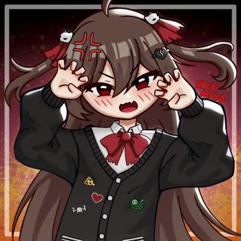 1girl angry badge black_cardigan black_jacket bow bowtie broken_heart broken_heart_hair_ornament brown_hair button_badge cardigan child commentary english_commentary evil_neuro-sama fiery_background fire hair_between_eyes hair_ornament hair_ribbon heart highres jacket long_hair long_sleeves neuro-sama open_mouth paw_pose red_bow red_bowtie red_eyes red_ribbon ribbon shirt sickmayo skull_hair_ornament solo vedal_ai virtual_youtuber white_shirt