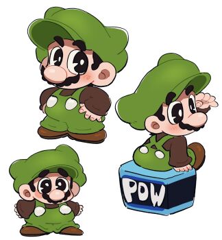  1boy black_eyes black_hair block_(mario) brown_shirt chibi facial_hair full_body green_hat green_overalls hands_on_own_hips hat highres long_sleeves luigi male_focus mario_(series) mario_bros. mimimi_(mimimim9999) mustache nintendo overalls pow_block shirt shoes short_hair sitting white_background 