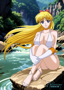  1girl adult_swim aino_minako bare_legs barefoot bikini bishoujo_senshi_sailor_moon bishoujo_senshi_sailor_moon_r bishoujo_senshi_sailor_moon_r:_the_movie bishoujo_senshi_sailor_moon_s bishoujo_senshi_sailor_moon_s_the_movie:_kaguya-hime_no_koibito bishoujo_senshi_sailor_moon_supers bishoujo_senshi_sailor_moon_supers_the_movie:_sailor_9_senshi_shuuketsu!_black_dream_hole_no_kiseki blonde_hair blue_eyes breasts cleavage elbow_gloves gloves lake large_breasts neldorwen on_rock one-piece_swimsuit pin_up pool swimsuit toei_company toonami underwater viz_media water waterfall 
