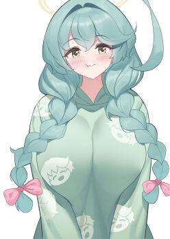  1girl :t absurdres ahoge alternate_costume alternate_hairstyle aqua_hair blue_archive blush braid breasts commentary green_hoodie halo highres hood hoodie huge_ahoge huge_breasts korean_commentary looking_at_viewer simple_background solo tomid twin_braids upper_body white_background yellow_eyes yume_(blue_archive) 