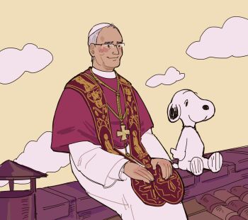  1boy absurdres blush_stickers capelet cassock chimney christianity closed_mouth crosier cross cross_necklace dog glasses hat highres jewelry long_sleeves necklace peanuts_(comic) pope pope_leo_xiv priest red_capelet rome_(city) rooftop short_hair sistine_chapel sitting sky smile snoopy toffee_32 yellow_sky zucchetto 