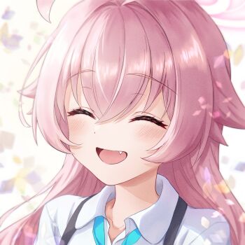  1girl :d ^_^ ahoge blue_archive blue_necktie blush close-up closed_eyes collared_shirt commentary_request ekura28 eyelashes facing_viewer fang female_focus hair_between_eyes hair_intakes halo happy highres hoshino_(blue_archive) long_hair necktie open_mouth pink_hair pink_halo school_uniform shirt simple_background smile solo suspenders white_shirt  rating:General score:8 user:danbooru