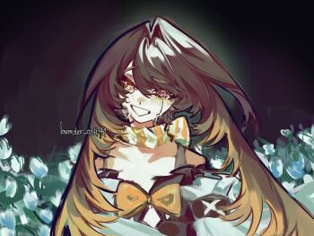  1girl amo_empool bare_shoulders black_dress blush bow bowtie collared_shirt crying detached_sleeves dress field flower flower_field gachiakuta highres lavenderartist1 open_mouth orange_bow orange_bowtie orange_eyes orange_scarf scarf shirt smile solo upper_body white_flower white_sleeves 