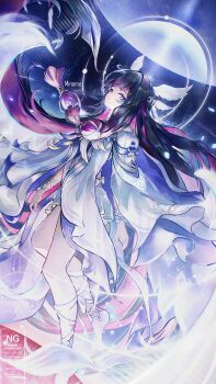  1girl absurdres bare_shoulders black_hair columbina_(genshin_impact) commentary_request crescent dress feathers floating_hair genshin_impact head_wings highres long_hair looking_at_viewer minamo_(edosei_edo) multicolored_hair purple_eyes purple_hair ribbon sideways_glance solo white_dress white_ribbon wings 