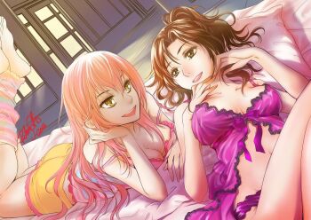  10s 2girls barefoot black_hair breasts feet idolmaster idolmaster_cinderella_girls jougasaki_mika kawashima_mizuki multiple_girls pink_hair ratana_satis yellow_eyes  rating:Questionable score:16 user:Mr_KaraRocks