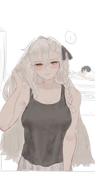  ... 1boy 1girl absurdres aftersex bed bed_sheet black_hair black_tank_top blush braid breasts commentary_request embarrassed fate/grand_order fate_(series) fujimaru_ritsuka_(male) hair_ribbon highres hoshimira long_hair morning_after necktie olga_marie_animusphere olga_marie_animusphere_(unbeast) on_bed pillow ribbon sleeping spoken_ellipsis tank_top under_covers white_hair 