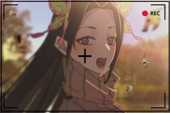  1girl :d alternate_costume autumn autumn_leaves black_hair blush brown_jacket brown_scarf butterfly_hair_ornament fpsejr_gg hair_ornament highres jacket kimetsu_no_yaiba kochou_kanae leaf long_hair looking_at_viewer open_mouth outdoors pink_eyes recording scarf smile solo striped_clothes striped_scarf 