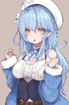  1girl :o ahoge alternate_breast_size_(smaller) bare_shoulders belt beret black_corset blue_bow blue_bowtie blue_coat blue_hair blue_streaks bow bowtie braid breasts brooch brown_background brown_belt center_frills cleavage cleavage_cutout clothing_cutout coat coat_partially_removed colored_tips commentary corset elf flower frilled_shirt frills fur-trimmed_coat fur_trim gold_buttons hair_between_eyes hair_flower hair_ornament hat heart heart_ahoge highres hololive jewelry leather_belt long_hair long_pointy_ears medium_breasts multicolored_hair nyucha off_shoulder open_mouth plaid_bow plaid_bowtie plaid_clothes pointy_ears raised_eyebrows ringed_eyes shirt side_braids simple_background sleeveless sleeveless_shirt snowflake_hair_ornament solo star_brooch streaked_hair surprised underbust upper_body virtual_youtuber w_arms white_hat white_shirt yellow_eyes yukihana_lamy yukihana_lamy_(1st_costume) 