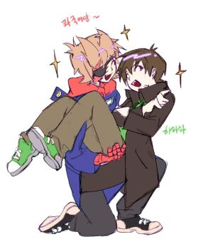  2boys ^_^ animification antenna_hair bandaged_neck bandages beard_stubble black_coat black_shoes blue_coat brown_hair brown_pants burn_scar carrying carrying_person closed_eyes coat commentary_request couple crossed_arms drawstring edd_(eddsworld) eddsworld eyepatch facial_hair flipped_hair full_body future_edd_(eddsworld) green_hoodie green_shoes grey_pants hair_behind_ear hair_ears hood hood_down hoodie korean_commentary korean_text long_sleeves male_focus mechanical_arms multiple_boys on_one_knee open_clothes open_coat open_mouth pants red_hoodie red_leader_(eddsworld) scar shoes short_hair simple_background single_mechanical_arm sketch smile sneakers sparkle stubble swept_bangs tord_(eddsworld) translation_request trench_coat white_background yaoi yeojaminji2 