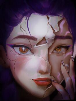  1girl absurdres commentary cracked_kawaii_mask cracked_mask dannyisonfiree english_commentary facial_mark hand_on_own_face highres kpop_demon_hunters parted_lips purple_hair red_lips rumi_(kpop_demon_hunters) solo yellow_eyes 