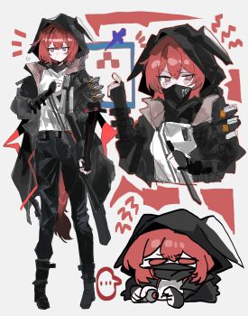  ... 1girl absurdres anger_vein animal_hood arknights black_boots black_gloves black_jacket black_pants boots breasts chibi chibi_inset crownslayer_(arknights) emphasis_lines fingerless_gloves gloves hand_up highres holding holding_sheath hood hood_up hooded_jacket hyena_girl hyena_tail jacket mask mouth_mask multiple_views odmised pants puff_of_air red_eyes red_hair sheath shirt short_hair small_breasts spoken_ellipsis v-shaped_eyebrows white_shirt 