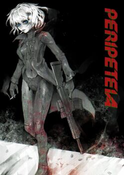  1girl absurdres black_background black_bodysuit black_coat black_gloves blood blood_on_ground blood_on_leg blue_eyes bodysuit breasts cigarette coat copyright_logo copyright_name covered_navel cyborg floating_clothes full_body gloves gun hair_ornament hairclip hashtag-only_commentary highres holding holding_cigarette holding_gun holding_weapon logo looking_at_viewer marie_(peripeteia) mechanical_legs messy_hair noiracide nose open_clothes open_coat painterly peripeteia popped_collar serious shell_casing short_hair sideways_glance small_breasts smoke smoking smoking_barrel solo trench_coat triangle_button walking weapon weapon_request white_hair 