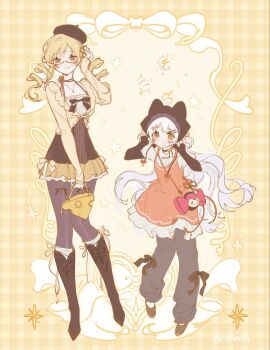  2girls :d animal_ears bag blonde_hair blouse boots brown_boots brown_hat brown_pantyhose brown_ribbon brown_shirt brown_shoes brown_sleeves charlotte_(madoka_magica) cheese closed_mouth commentary cosplay dress drill_hair fake_animal_ears flower_hairpin food glasses grey_pants handbag hat heart highres jewelry knee_boots light_blush long_hair long_sleeves looking_at_viewer mahou_shoujo_madoka_magica mahou_shoujo_madoka_magica:_hangyaku_no_monogatari mahou_shoujo_madoka_magica_(anime) momoe_nagisa multiple_girls necklace open_mouth orange_dress pants pantyhose peachuu plaid_background pompompurin pompompurin_(cosplay) ribbon sanrio shirt shoes shoulder_bag skirt smile symbol-only_commentary tomoe_mami twin_drills very_long_hair white_dress white_hair white_shirt yellow_background yellow_eyes yellow_shirt yellow_skirt 