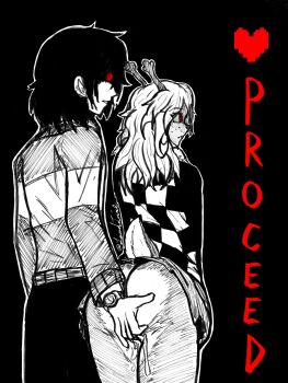  1girl 1other antlers ass black_background buck_teeth checkered_clothes checkered_sweater_vest checkered_vest clothes_lift commentary deer_antlers deer_girl deer_tail deltarune english_commentary eyes_in_shadow fingering fingering_from_behind from_behind furry furry_female glowing glowing_eyes greyscale heart highres horns kris_(deltarune) long_hair medium_hair mind_break mind_control monochrome no_panties noelle_holiday outline pussy_juice red_eyes reindeer_girl shaded_face signature single_horizontal_stripe skirt skirt_lift soul_(deltarune) spot_color sweater tail teeth turb0_time twitter_username two-tone_sweater_vest utdr_(toby_fox) vest watch weird_route_(deltarune) white_outline wristwatch 