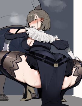  1boy 1girl ass backboob blonde_hair blush breasts flip-flops grin hands_on_own_knees high_heels hoshara large_breasts lock looking_at_viewer looking_back medium_hair nun original padlock sandals shirt shorts smile solo_focus squatting steam sweat t-shirt thick_thighs thighhighs thighs yellow_eyes 