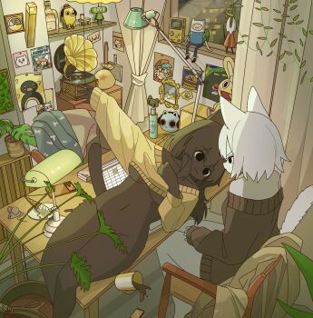  2girls adventure_time animal_crossing animal_ears black_eyes black_hair black_sweater body_fur bottomless boyfriend_(friday_night_funkin') breasts brown_sweater cat_ears cat_girl cat_tail cellphone chair coffee commentary computer convenient_censoring cuddles_(happy_tree_friends) cup curtains desk desk_lamp figure finn_the_human friday_night_funkin' furry furry_female game_boy game_boy_color handheld_game_console happy_tree_friends highres hollow_knight hollow_knight:_silksong hornet_(hollow_knight) ice_cream_cone indoors katamari_damacy lamp laptop long_hair looking_at_another lying mario_(series) medium_breasts medium_hair meme mike_no_hito minecraft mug multiple_girls naked_sweater navel nintendo on_desk original para-biddybud phone phonograph plant potted_plant pout shelf sitting smartphone spilling super_mario_3d_land sweater untranslatable_commentary tail the_prince_(katamari_damacy) this_is_fine_(meme) underboob white_hair window 