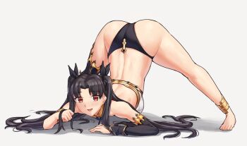  1girl anklet arm_support ass bikini black_hair blush breasts bridal_gauntlets commentary curvy english_commentary fate/grand_order fate_(series) flexible full_body grey_background huge_ass ishtar_(fate) jack-o'_challenge jewelry long_hair looking_at_viewer meme mismatched_bikini neck_ring open_mouth red_eyes sarhce shadow shiny_skin simple_background single_bridal_gauntlet single_thighhigh smile solo spread_legs stretching swimsuit thighhighs thong top-down_bottom-up twintails two_side_up white_background wide_spread_legs  rating:Sensitive score:102 user:danbooru
