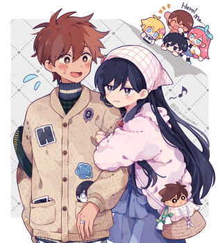  2girls 4boys :d :o ^_^ antenna_hair arm_hug arm_up aubrey_(faraway)_(omori) aubrey_(omori) bag basil_(faraway)_(omori) basil_(omori) basket black_bag black_eyes black_hair black_shirt black_socks blonde_hair blue_eyes blue_hakama blue_shorts blue_skirt blue_sweater blush border bright_pupils brother_and_sister brothers brown_cardigan brown_eyes brown_hair buttons camera cardigan character_doll character_name chibi chibi_inset closed_eyes closed_mouth commentary couple cowboy_shot dark-skinned_male dark_skin denim denim_skirt doll double-parted_bangs english_text eye_contact fingernails flying_sweatdrops fur_jacket grey_background hair_behind_ear hair_between_eyes hakama hakama_shorts headscarf heart hero_(birthday)_(omori) hero_(faraway)_(omori) hero_(omori) hetero highres holding holding_camera jacket japanese_clothes jewelry jitome kel_(faraway)_(omori) kel_(omori) long_hair long_sleeves looking_at_another mari_(birthday)_(omori) mari_(faraway)_(omori) mari_(omori) mari_(spirit)_(omori) miniskirt multiple_boys multiple_girls musical_note nail_polish notice_lines official_alternate_costume omori open_clothes open_jacket open_mouth outside_border photo_(object) pink_hair pocket puffy_long_sleeves puffy_sleeves purple_nails ring rioririoriori shirt short_hair shorts shoulder_bag siblings simple_background skirt smile socks something_(omori) sparkle standing straight_hair strawberry_hat_ornament sunny_(omori) sweatdrop sweater tareme tongue turtleneck turtleneck_sweater very_long_hair very_short_hair waving white_border white_headscarf white_jacket white_pupils 