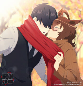 agnes_tachyon_(umamusume) ahoge animal_ears autumn autumn_leaves black_hair blush brown_hair closed_eyes hair_over_eyes horse_ears horse_girl kiss kissing_cheek leaf medium_hair necktie open_mouth pok3d puckered_lips pulling_another's_clothes scarf short_hair sweater trainer_(umamusume) tree umamusume vest
