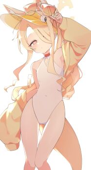  1girl animal_ear_fluff animal_ears arm_up armpits bare_legs bare_shoulders blonde_hair blue_archive choker cleavage_cutout closed_mouth clothes_down clothing_cutout collarbone covered_navel cowboy_shot cross_halo curtained_hair diamond_(shape) diamond_cutout dot_mouth dot_nose extra_ears feet_out_of_frame flat_chest fox_ears fox_girl fox_tail hair_ornament hair_over_one_eye half-closed_eyes halo halterneck highleg highleg_one-piece_swimsuit highres jacket jacket_over_swimsuit knees_together_feet_apart light_blush loli long_bangs long_hair long_sidelocks looking_at_viewer loosely_tucked_bangs narrowed_eyes official_alternate_costume official_alternate_hairstyle one-piece_swimsuit open_clothes open_jacket orange-tinted_eyewear parted_bangs red_choker removing_eyewear seia_(blue_archive) seia_(swimsuit)_(blue_archive) shell shell_hair_ornament side_ponytail sidelocks simple_background single_sleeve_past_fingers solo sunglasses swimsuit tail thigh_gap tinted_eyewear tonikaku_kaku visor_cap wavy_hair white_background white_one-piece_swimsuit yellow_halo yellow_jacket 