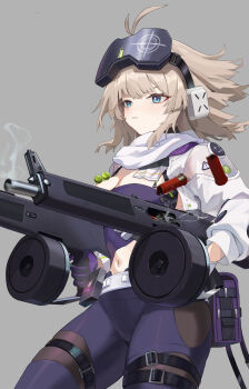  12-gauge 1girl aa-12 aa-12_(girls'_frontline) absurdres ammunition automatic_shotgun black_gloves black_pants blue_eyes breasts cleavage combat_shotgun commentary_request drum_magazine dual_wielding eyewear_on_head girls'_frontline girls'_frontline_2:_exilium gloves grey_hair gun haohaomaster head-mounted_display high-capacity_magazine highres holding holding_gun holding_weapon jacket lind_(girls'_frontline_2) magazine_(weapon) medium_breasts medium_hair navel open_clothes open_jacket pants purple_gloves shell_casing shotgun shotgun_shell simple_background smoke smoke_trail solo two-tone_gloves weapon white_jacket  rating:Sensitive score:9 user:danbooru