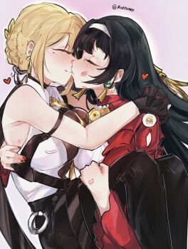  2girls arms_around_neck astra_yao black_gloves black_hair black_pants blonde_hair braid braided_bun breast_press closed_eyes closed_mouth commentary dress english_commentary evelyn_chevalier gloves hair_bun hairband hand_on_another&#039;s_back heart highres kiss lipstick_mark lipstick_mark_on_face lipstick_mark_on_hand mole mole_under_eye multiple_girls pants pink_background red_dress serafineart1001 shirt smile white_hairband white_shirt yuri zenless_zone_zero 