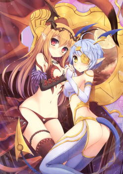  2girls ass brown_legwear demon_girl elbow_gloves eyepatch gloves gold_trim hair_between_eyes holding_hands horns lilith_(lord_of_vermilion) long_hair looking_at_viewer lord_of_vermilion lord_of_vermilion_iii milia_(lord_of_vermilion) multiple_girls navel original pointy_ears short_hair silver_hair silver_legwear taiki_ken tail thighhighs white_gloves 