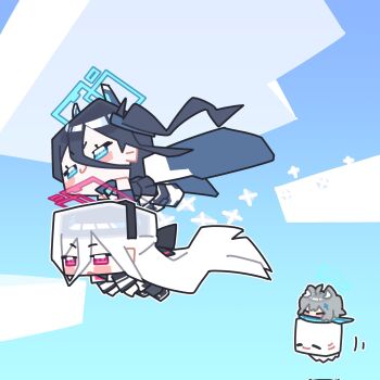  3girls absurdly_long_hair animal_ear_fluff animal_ears aqua_halo aris_(blue_archive) aris_(blue_archive)_(cosplay) black_hair black_hairband blue_archive blue_eyes blue_necktie blue_scarf blush commentary cosplay cross_hair_ornament ghast grey_hair hair_between_eyes hair_ornament hairband halo happy_ghast highres ishikoro24 jacket kei_(blue_archive) kei_(new_body)_(blue_archive) long_hair long_hair_between_eyes minecraft multiple_girls necktie one_side_up open_mouth pink_halo rectangular_halo ringed_eyes scarf shiroko_(blue_archive) smile symbol-only_commentary very_long_hair white_hair white_jacket wolf_ears 