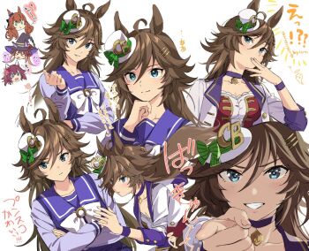  1girl 4girls ahoge animal_ears annoyed blouse bow brown_hair chibi chibi_inset choker commentary_request cowboy_shot crossed_arms floating_hair green_bow green_eyes hair_ornament hairpin hand_on_own_chin hands_on_own_chin hat horse_ears horse_girl horse_tail japanese_text kiss long_hair looking_at_viewer maruzensky_(umamusume) mini_hat mini_top_hat mr._c.b._(umamusume) multiple_girls pointing pointing_at_viewer pointy_ears purple_shirt running sakura_chiyono_o_(umamusume) school_uniform shirt shorts simple_background smile split_mouth starting_future_(umamusume) sweat sweep_tosho_(umamusume) tail taromarun top_hat umamusume white_background white_headwear  rating:General score:2 user:borgo42