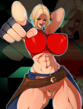  1girl abs armpits arms_behind_head blonde_hair blue_mary breasts cleft_of_venus covered_erect_nipples fatal_fury huge_breasts micro_panties muscular muscular_female no_pants noriheita panties partially_visible_vulva pointing short_hair solo tank_top the_king_of_fighters tongue tongue_out underwear  rating:Questionable score:22 user:jojosstand