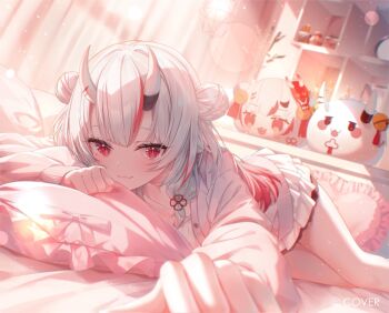 1girl :3 cardigan center-flap_bangs chihiro_ayaka closed_mouth commentary_request copyright_name double_bun dress gradient_hair grey_hair hair_between_horns hair_bun hololive horns indoors long_hair looking_at_viewer lying multicolored_hair nakiri_ayame official_art on_bed oni poyoyo_(nakiri_ayame) reaching reaching_towards_viewer red_eyes red_hair short_dress skin-covered_horns solo streaked_hair two-tone_hair two_side_up virtual_youtuber white_cardigan white_dress 