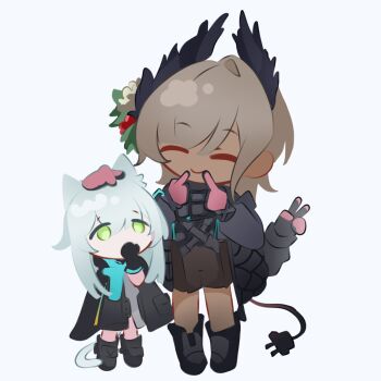  2girls animal_ear_fluff animal_ears arknights bird_girl black_gloves cable cable_tail cat_ears cat_girl cat_tail cloak closed_eyes commentary dark-skinned_female dark_skin electric_plug electric_plug_tail english_commentary extra_arms flower full_body gloves green_eyes grey_hair hair_flower hair_ornament hands_up head_wings headpat highres hood hood_down hooded_cloak jacket long_hair mechanical_tail medium_hair multicolored_gloves multiple_girls nihilimism pink_gloves rabbit_girl raidian_(arknights) rhodes_island_uniform rosmontis_(arknights) short_hair simple_background solo tail two-tone_gloves white_background wings 