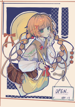  1girl absurdres bag brown_skirt commentary hand_up handbag highres long_hair long_sleeves looking_at_viewer miniskirt multi-tied_hair orange_hair original plaid_clothes plaid_skirt pye_yyy skirt solo twintails 