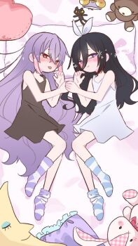 2024 2girls aged_down alice_hoshihime artist_request black_hair blue_socks blush crescent_moon holding_hands indie_virtual_youtuber kamihoshi_project loli long_hair looking_to_the_side lying moon multiple_girls on_side pillow prisma_alice purple_hair purple_socks socks striped_clothes striped_socks stuffed_animal stuffed_rabbit stuffed_toy syd_karasukami syd_karasukami tongue tongue_out virtual_youtuber