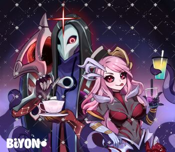  1boy 1girl biyon_tran black_bodystocking black_cape black_sclera bodystocking breasts bubble_tea cape closed_mouth colored_sclera commentary commission coven_nami cup dress drinking_straw english_commentary holding holding_cup holding_with_tentacle hood hooded_cape jhin large_breasts league_of_legends long_hair looking_at_viewer mask monster_girl nami_(league_of_legends) official_alternate_costume parted_bangs pink_hair red_dress red_eyes scylla smile teacup tentacles tongue tongue_out 