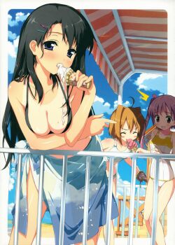 3girls absurdres arm_under_breasts bare_legs bikini black_hair blue_eyes blush blush_stickers breasts brown_hair cleavage cloud day eating food framed hair_ornament hairpin highres ice_cream kantoku long_hair medium_breasts messy miyaguchi_hiromi miyaguchi_kanna miyaguchi_kei multiple_girls one-piece_swimsuit one-piece_tan orange_hair original outside_border pink_hair purple_eyes purple_hair red_eyes sarong see-through_clothes sexually_suggestive short_hair siblings side_ponytail sisters sky swimsuit tan tankini tanline twintails rating:Questionable score:19 user:danbooru