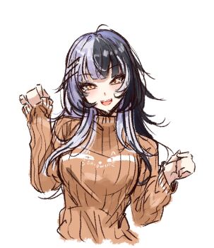  1girl black_hair breasts character_name commentary_request hair_ornament hololive hololive_english large_breasts long_hair long_sleeves multicolored_hair open_mouth penguin_stamp ribbed_sweater shiori_novella simple_background sitting_on_water smile solo split-color_hair streaked_hair sweater turtleneck turtleneck_sweater two-tone_hair virtual_youtuber white_background white_hair yellow_sweater 