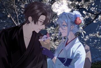  1boy 1girl 86_-eightysix- alternate_costume back_bow black_gloves black_kimono blue_sash bow brown_hair chinese_commentary collarbone commentary_request couple crepe curtained_hair earrings feeding flower food food_on_face gloves hair_flower hair_ornament hetero highres holding holding_crepe holding_food japanese_clothes jewelry kimono kuailemaoamaomao^o^ night obi open_mouth outdoors parted_lips profile red_eyes red_flower sash shinei_nouzen short_hair short_hair_with_long_locks stud_earrings tree upper_body vladilena_millize white_kimono 